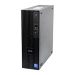 Schwarzer Tower-Computer mit vertikalen Lüftungsschlitzen und mehreren USB-Anschlüssen auf der Vorderseite.