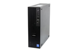 Schwarzer Tower-Computer mit vertikalen Lüftungsschlitzen und mehreren USB-Anschlüssen auf der Vorderseite.