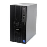 Schwarz-grauer PC-Tower mit vertikalen Lüftungsschlitzen und mehreren USB-Anschlüssen an der Vorderseite.