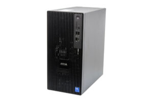 Schwarz-grauer PC-Tower mit vertikalen Lüftungsschlitzen und mehreren USB-Anschlüssen an der Vorderseite.
