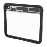 Ein rechteckiger, schwarzer Kunststoffrahmen mit leicht erhöhtem Rand und Aussparungen am oberen Rand gegen weißen Hintergrund.