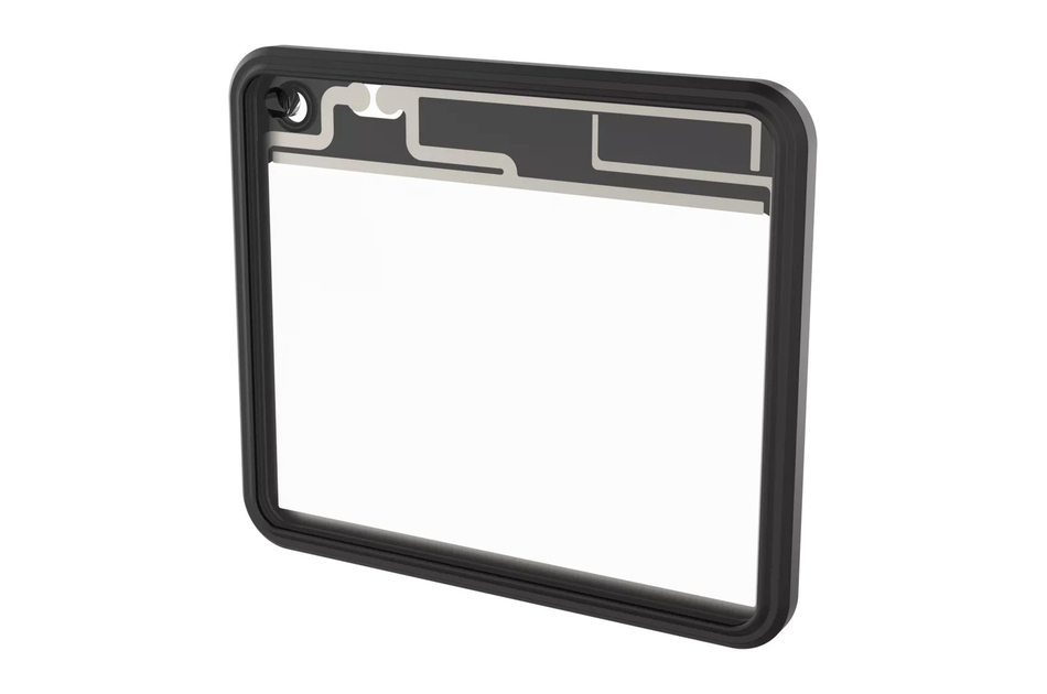 Ein rechteckiger, schwarzer Kunststoffrahmen mit leicht erhöhtem Rand und Aussparungen am oberen Rand gegen weißen Hintergrund.