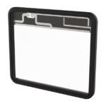 Ein rechteckiger schwarzer Rahmen mit einem transparenten Mittelteil und einer Metalleinlage im oberen Bereich.