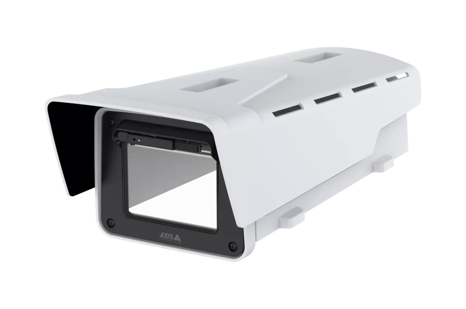 Weiße Wetterschutzhülle für eine Überwachungskamera mit rechteckiger Öffnung und Belüftungsschlitzen.