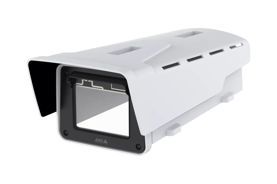 Weißes Gehäuse für Überwachungskamera von AXIS mit rechteckiger Öffnung und abnehmbaren Deckel.