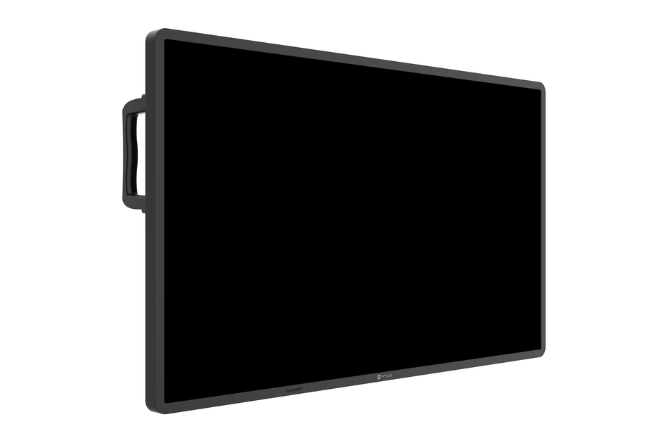 Ein großer, schwarzer Flachbildschirm mit einem Griff an der Seite, freistehend auf weißem Hintergrund.