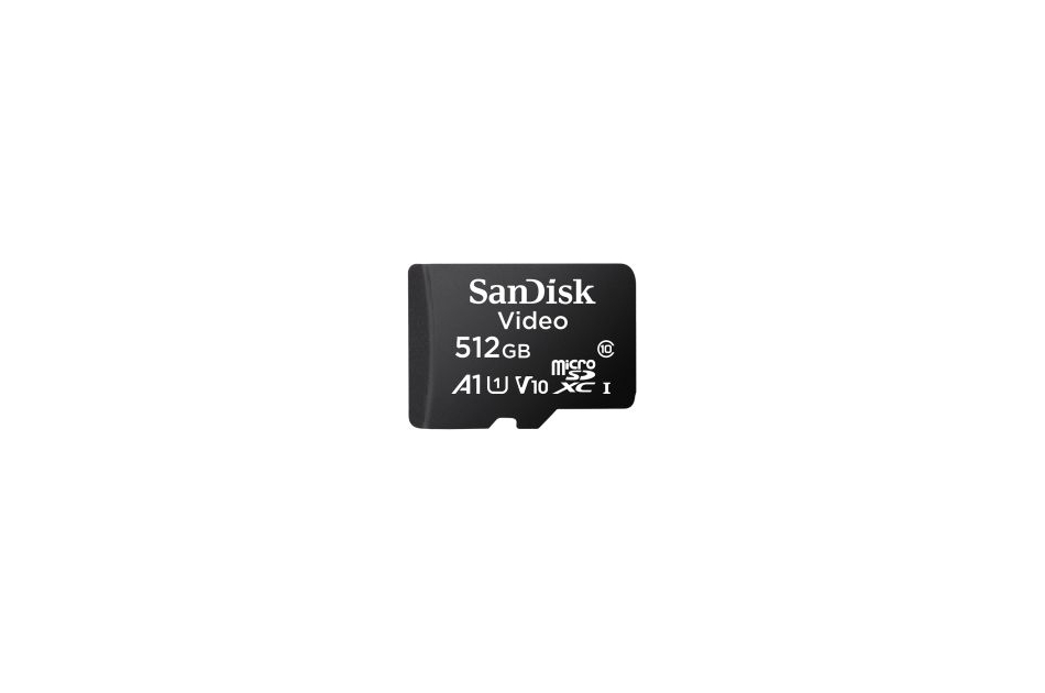 MicroSD-Karte von SanDisk mit 512 GB Kapazität, geeignet für Videoanwendungen.