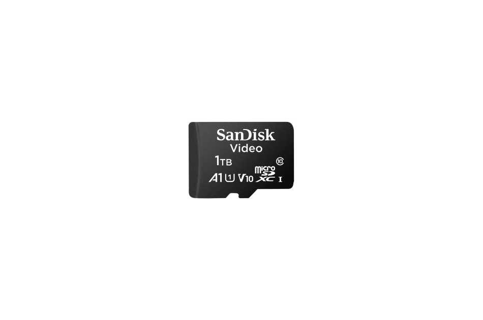 SanDisk 1TB microSD-Karte mit Aufschrift "Video", A1, V10 und XCI Symbole sichtbar.