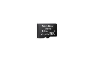 SanDisk microSD-Karte mit 1,5 TB Kapazität und sichtbarem "Video" und "A1 U1 V10 XC I" Text.