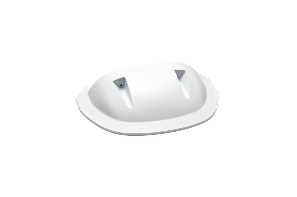 Weißes, ovales Gerät mit zwei kleinen, nach oben zeigenden Antennen.