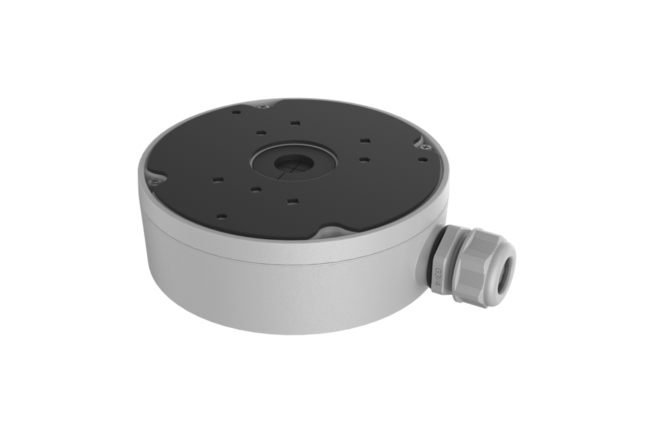 Runde, graue Wandhalterung mit schwarzer Oberseite und seitlichem Kabelanschluss.