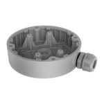 Runde graue Anschlussdose aus Kunststoff mit seitlichem Kabelverschraubungsadapter.