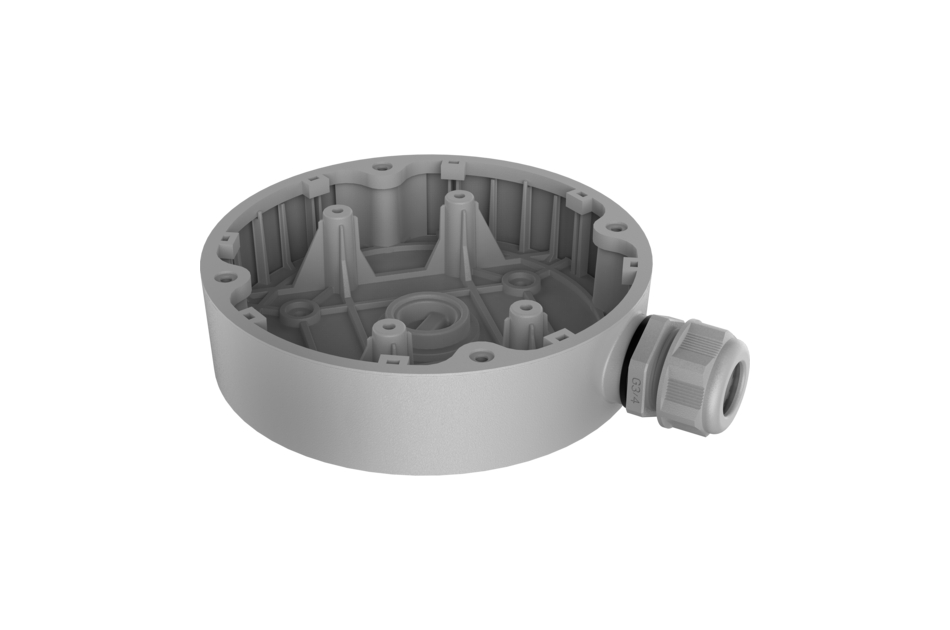 Runde graue Anschlussdose aus Kunststoff mit seitlichem Kabelverschraubungsadapter.