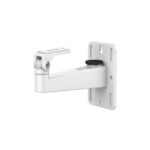 Weiße Wandhalterung mit verstellbarem Arm und rechteckiger Befestigungsplatte, geeignet für Kameras oder Geräte.