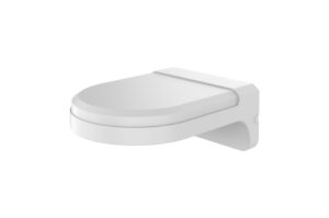 Weiße, wandmontierte Toilettensitz mit geschlossenem Deckel in einem minimalistischen Design.