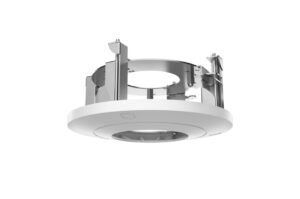 Runde Metallhalterung mit weißem Ring und mehreren Befestigungselementen.