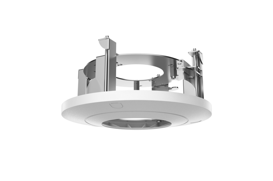 Runde Metallhalterung mit weißem Ring und mehreren Befestigungselementen.