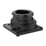 Schwarzes, zylinderförmiges Maschinenteil mit mehreren Ebenen auf einer quadratischen Basis.