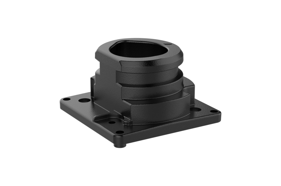 Schwarzes, zylinderförmiges Maschinenteil mit mehreren Ebenen auf einer quadratischen Basis.