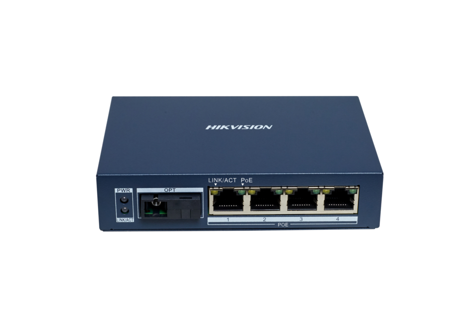 Blauer Hikvision-Netzwerkswitch mit fünf Ethernet-Ports und Power-over-Ethernet-Anschluss.