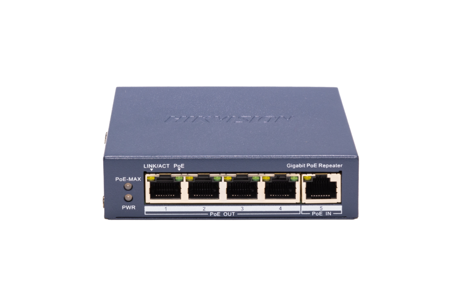 Ein blauer Gigabit PoE-Repeater mit fünf Ethernet-Ports auf der Vorderseite, beschriftet mit Markenname und Funktionen.