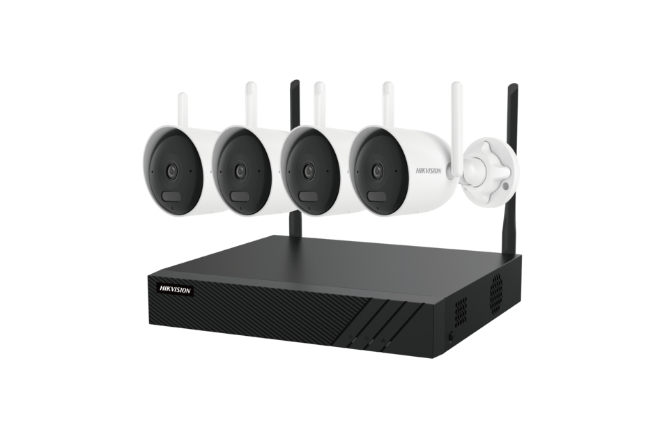 Überwachungskameraset mit vier weißen, zylinderförmigen Kameras, die auf einer schwarzen Basis montiert sind.