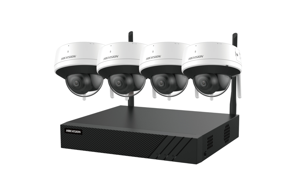 Ein Sicherheitskamerasystem von Hikvision mit vier schwarzen und weißen Kameras und einer zentralen Steuereinheit.