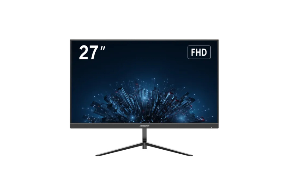 Ein 27-Zoll-FHD-Monitor auf einem dreibeinigen Ständer, zeigt eine futuristische Stadtansicht.