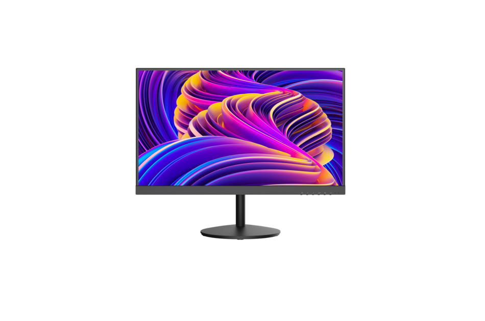 Ein flacher Monitor mit einem lebhaften, bunten Bild aus geschwungenen, abstrakten Formen auf dem Bildschirm.