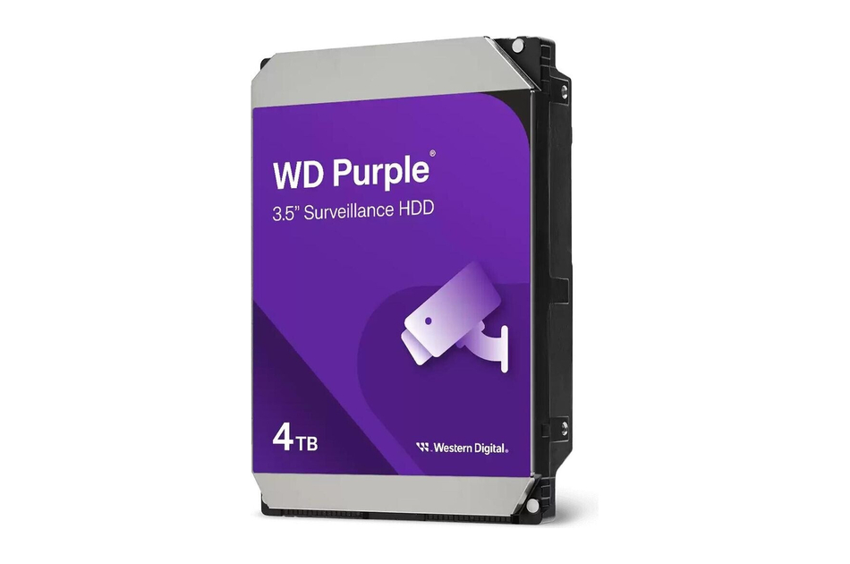 Lila Western Digital Festplatte, 4 TB, mit Überwachungskamera-Symbol, 3,5 Zoll Surveillance HDD.