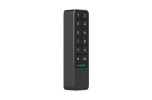 Schwarze numerische Tastatur mit Tasten von 1 bis 9, *, 0, # und OK, plus einem Logo im unteren Bereich.