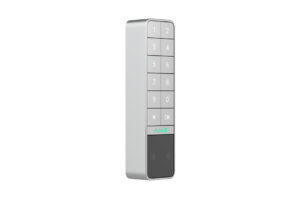 Silbernes Tastenfeld mit Zahlen 1 bis 9, Stern, OK-Taste und RFID-Symbol unten, Marke "AJAX".