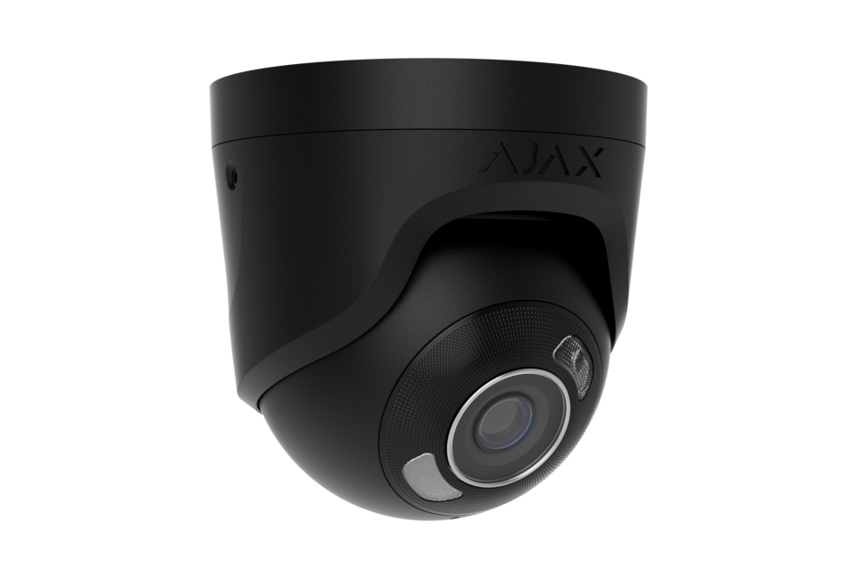 Schwarze Überwachungskamera mit dem Logo "AJAX", runde Form mit integriertem Objektiv und zwei LEDs.