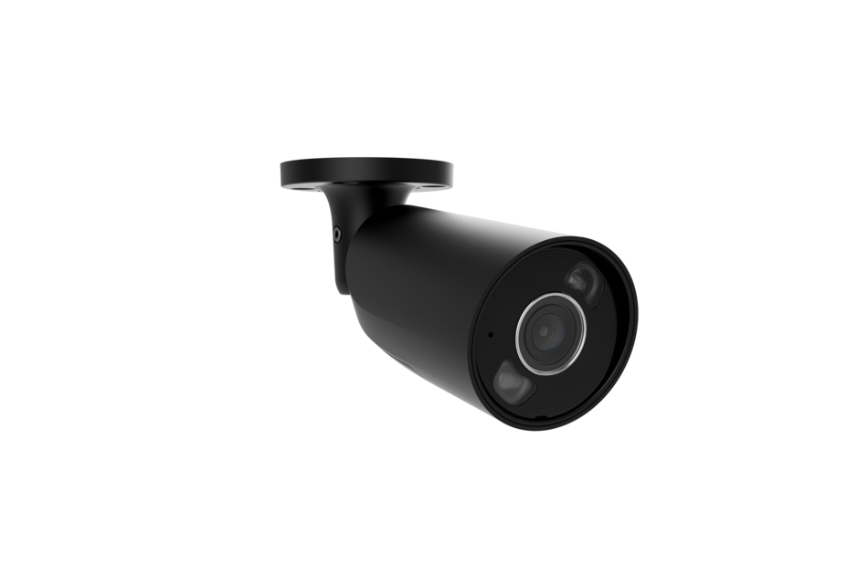 Schwarze Überwachungskamera in zylindrischer Form mit drei sichtbaren Linsen an der Vorderseite.
