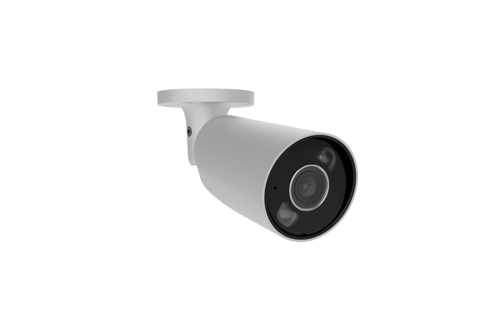 Sicherheitskamera in zylindrischer Form mit Wandhalterung und drei erkennbaren Linsen.