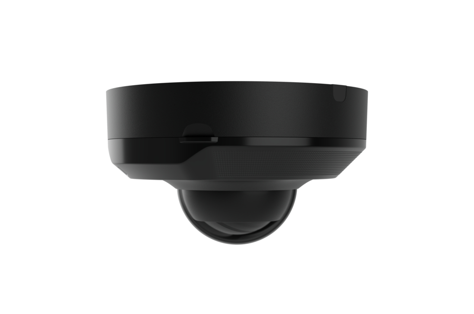 Schwarze Überwachungskamera mit halbkugelförmigem Objektiv und flachem Gehäuse.