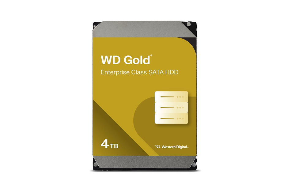 Festplattenverpackung mit gelbem Design, zeigt das Logo "WD Gold Enterprise Class SATA HDD" und Speicherkapazität von 4 TB.