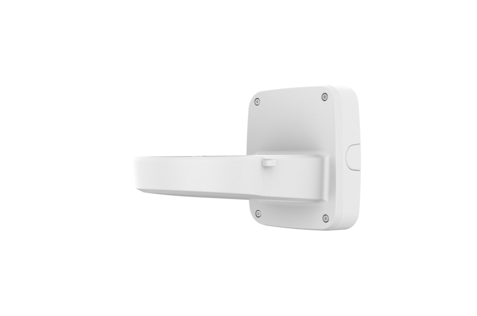 Weiße Wandhalterung mit abgerundeten Ecken und sichtbaren Schrauben.