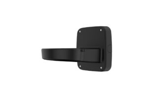 Schwarze Halterung an Wand befestigt, mit rechteckiger Grundplatte und abgerundetem Arm.