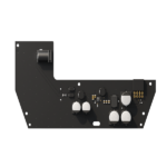 Eine schwarze elektronische Platine mit mehreren Kondensatoren, Anschlüssen und einem Transformator.