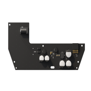 Eine schwarze elektronische Platine mit mehreren Kondensatoren, Anschlüssen und einem Transformator.