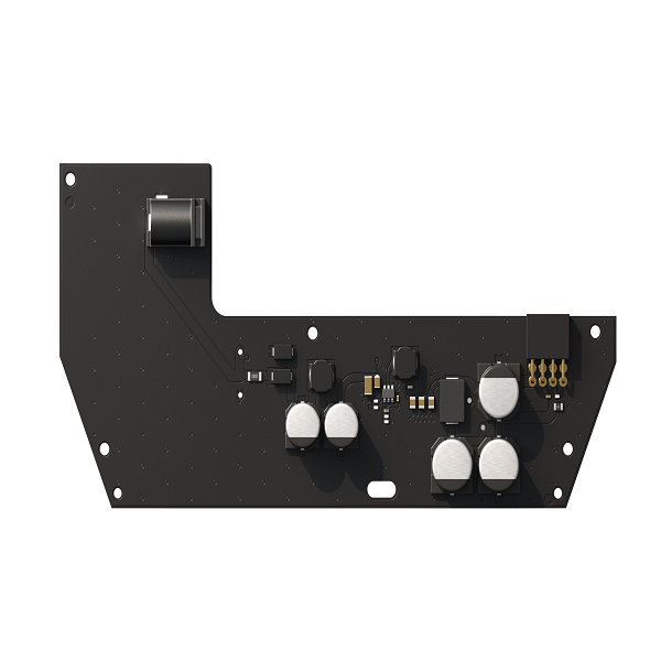 Eine schwarze elektronische Platine mit mehreren Kondensatoren, Anschlüssen und einem Transformator.