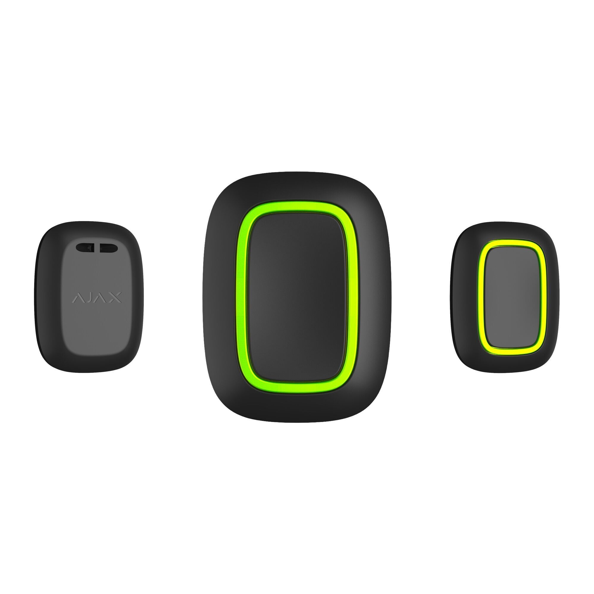 Drei schwarze Sicherheitsgeräte mit grünen Umrandungen, eines mit der Aufschrift "AJAX".