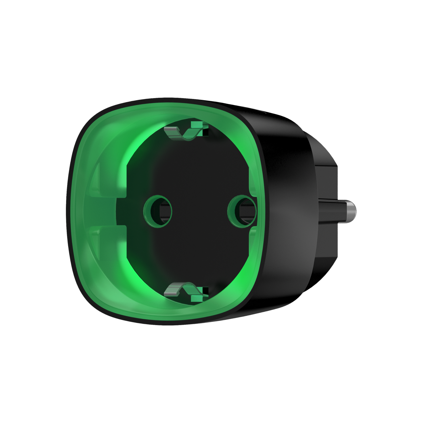 Ein schwarzer Steckdosenadapter leuchtet grün im Inneren, präsentiert auf schwarzem Hintergrund.