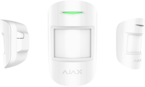 Ein weißer Bewegungssensor mit einem grünen Licht oben und dem Markennamen "Ajax" auf der Vorderseite.