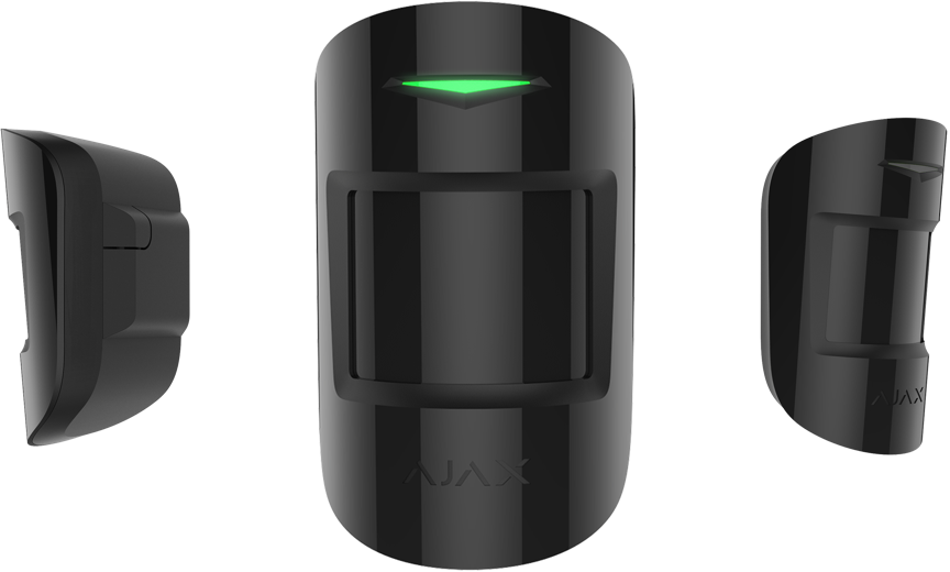 Schwarzer Bewegungsmelder mit beleuchtetem grünen LED-Indikator aus verschiedenen Winkeln.