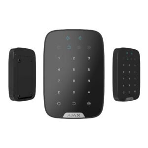 Schwarze Alarmanlagen-Tastatur mit numerischem Tastenfeld und blauen Symbolen, aus drei Blickwinkeln gezeigt.