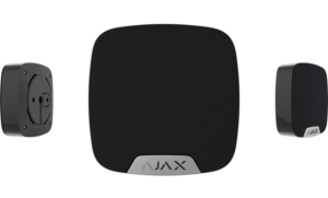 Dreiteiliges schwarzes Alarmsystem mit dem Logo "AJAX" auf der Vorderseite.