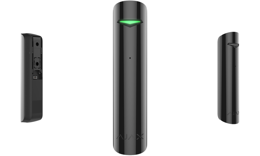 Ajax Bewegungsmelder in Schwarz, mit dreiseitiger Ansicht; Vorderseite zeigt ein LED-Licht.