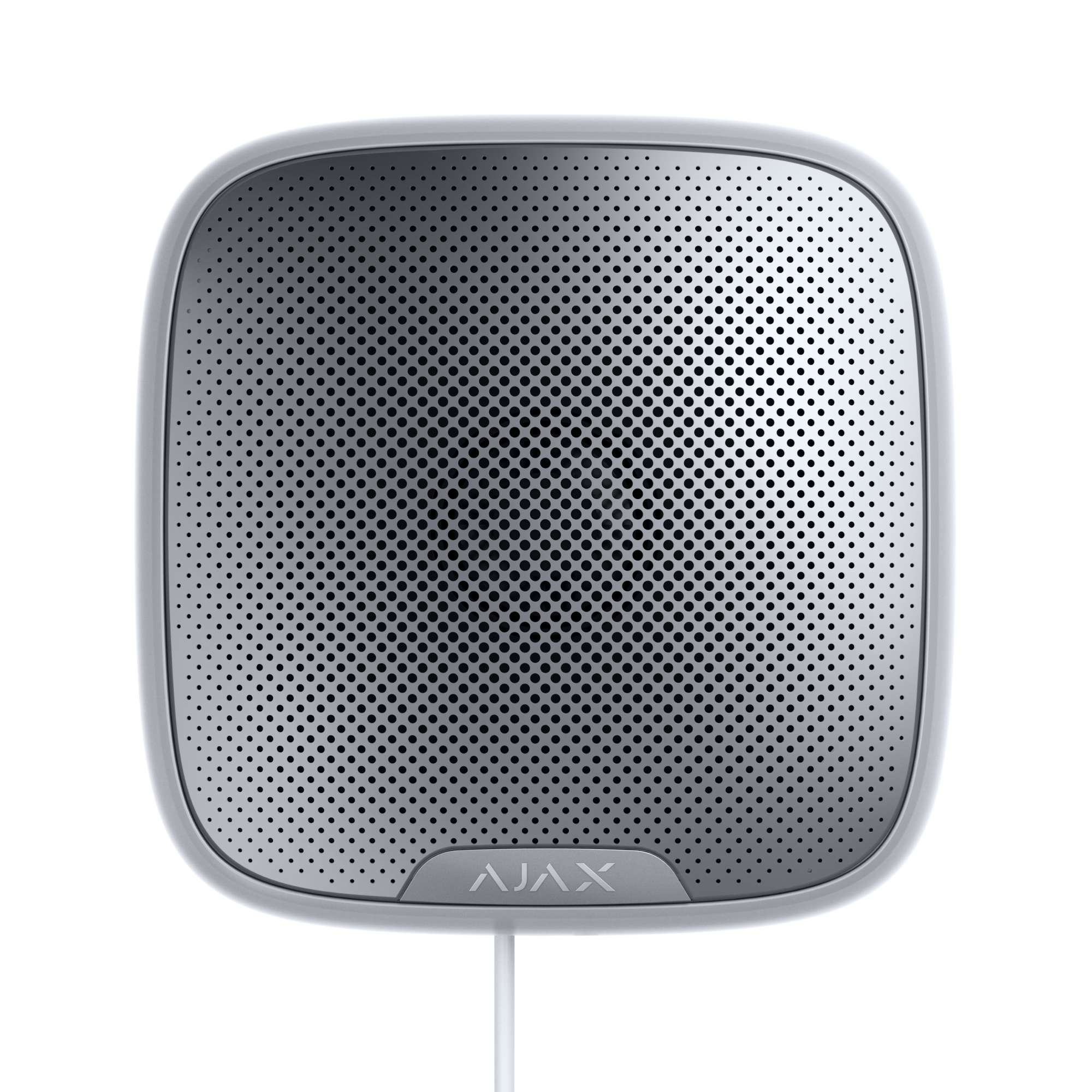 Grauer quadratischer Lautsprecher mit feinem Lochmuster und dem Schriftzug "AJAX" an der Unterseite.